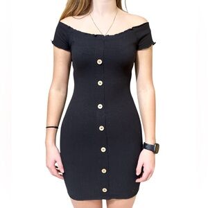 Black Off the Shoulder Ribbed Button  Bodycon Mini Dress